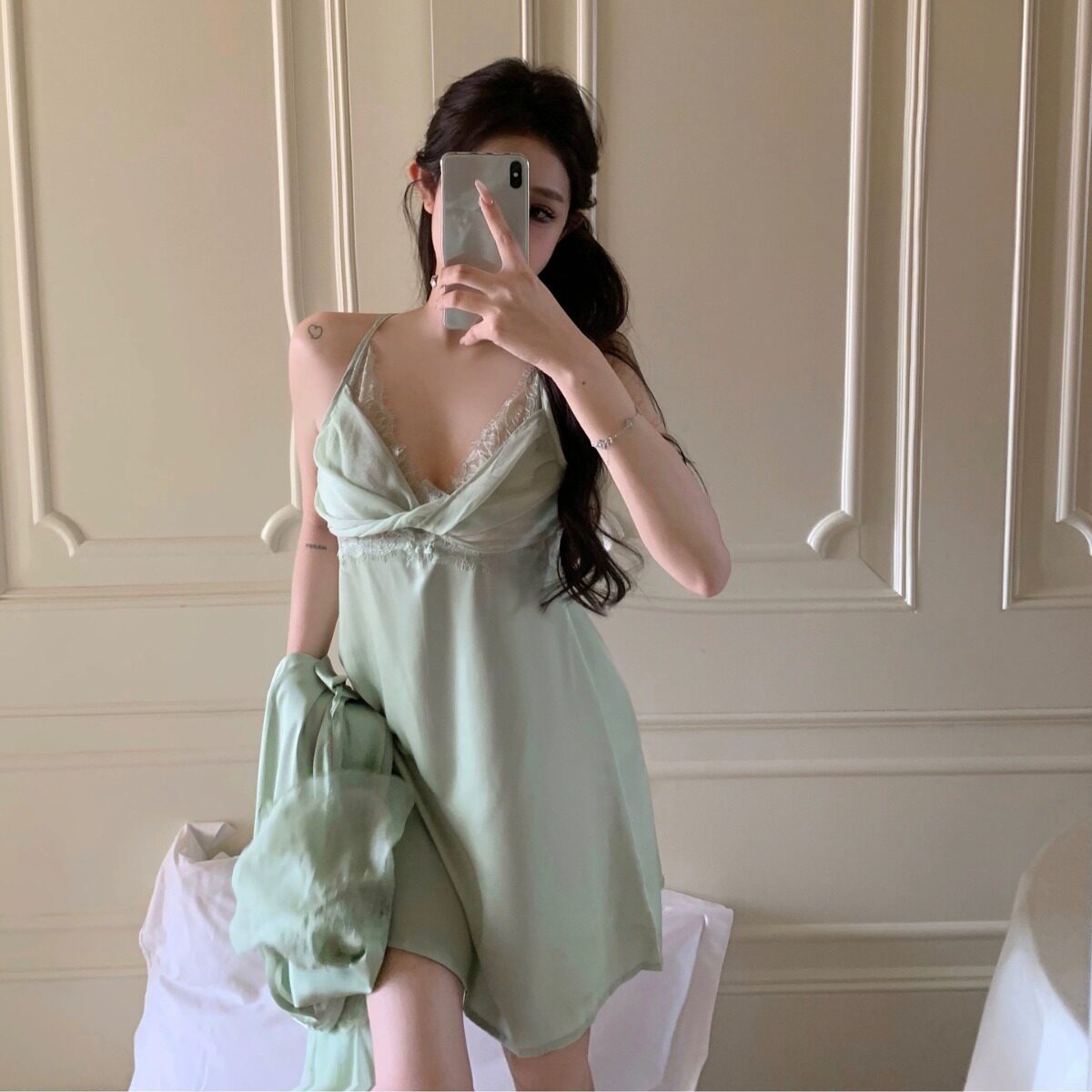 【夏日青柠】新款性感女士睡衣女冰丝纯欲风蕾丝睡裙荷叶边家居服