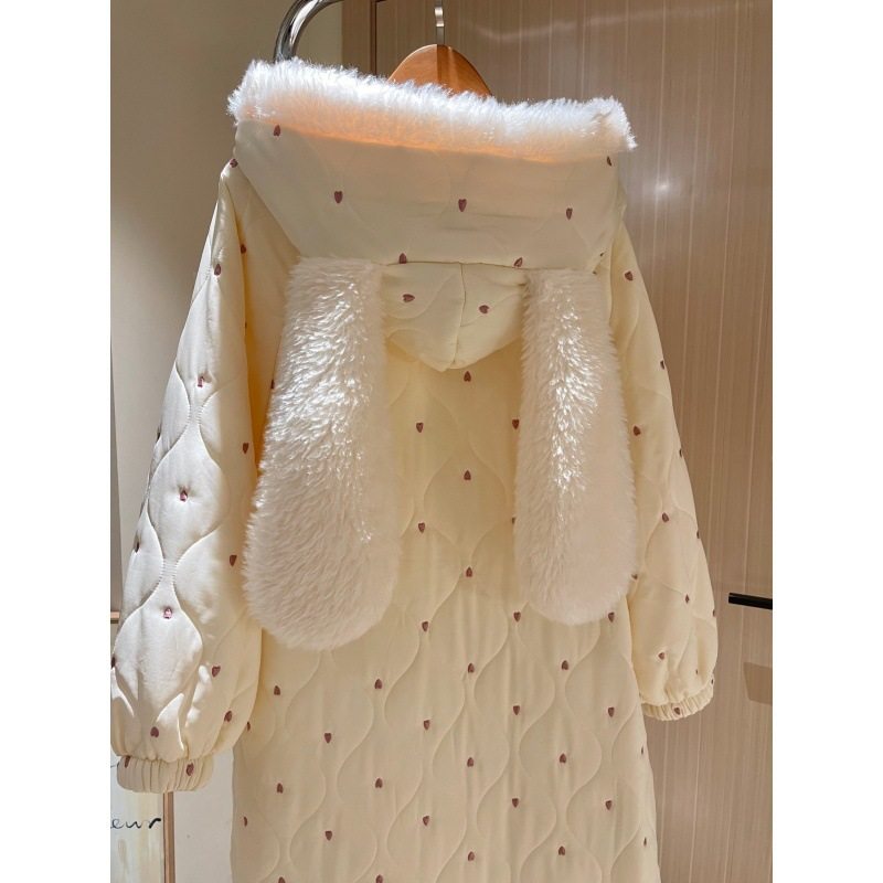 大码韩系软萌心形三层夹棉睡衣女款冬季新款加厚可外穿睡袍中长款