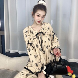 女 韩系慵懒风复古碎花蝴蝶结纯棉纱布睡衣家居服套装 雾色庄园