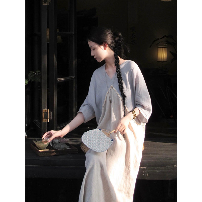 复古花边拼接V领亚麻睡裙女款夏睡袍/浴袍