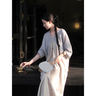 复古花边拼接V领亚麻睡裙女款 舒适宽松显瘦家居服连衣裙 夏季 新款