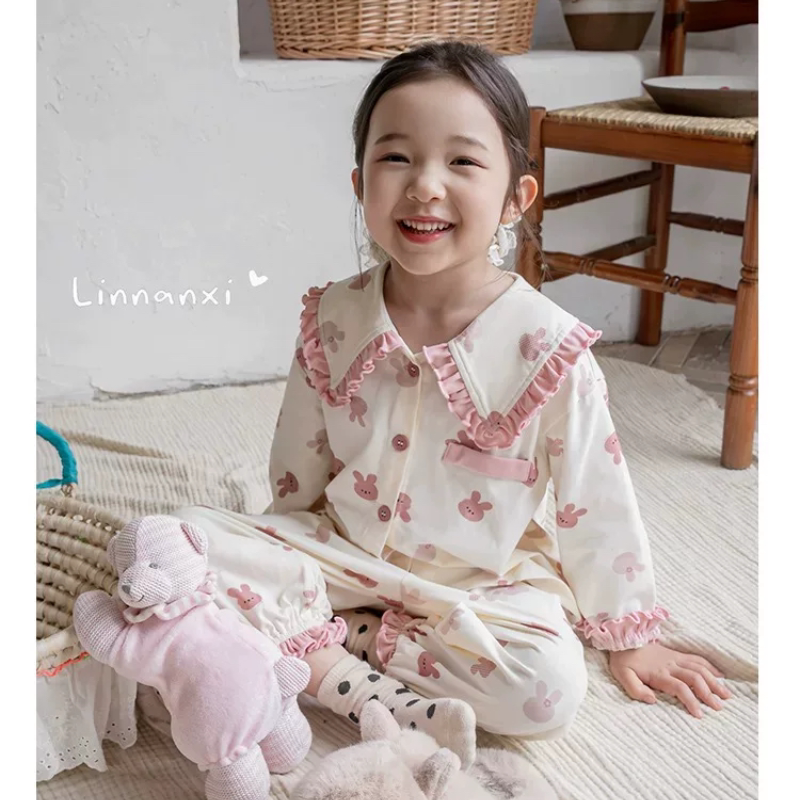 里南希 女孩森系睡衣娃娃领早秋新款a类家居服儿童花边翻领套装