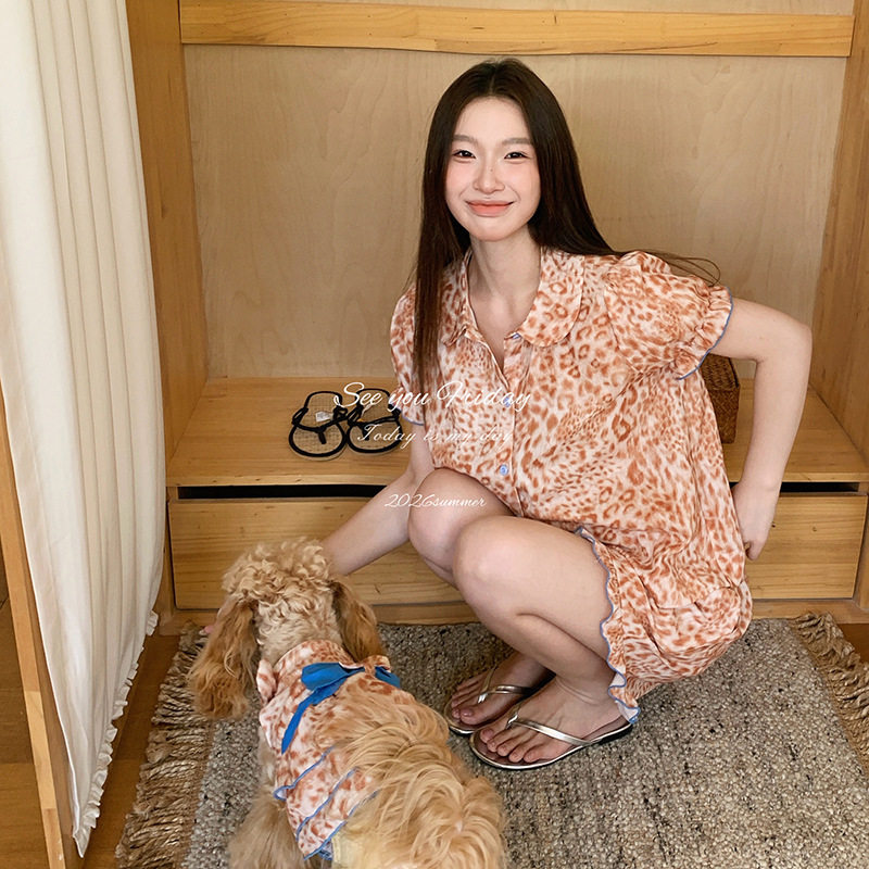 可爱豹纹印花娃娃领短袖睡衣套装少女感泡泡袖2026韩国夏上新