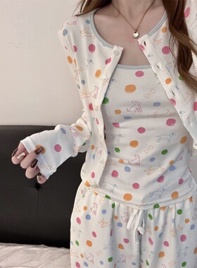 甜美少女卡通印花睡衣套装女2026春季新款亲肤家居服三件套可外穿