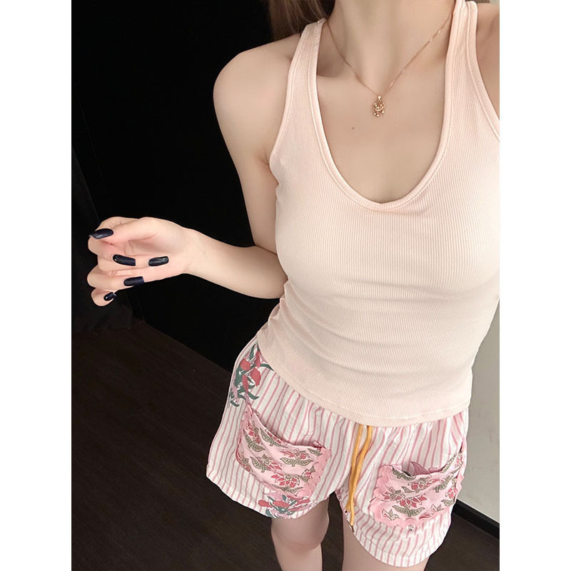 甜美少女粉色带胸垫吊带睡衣女夏天舒适背心短裤家居服套装可外穿