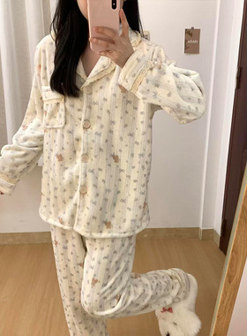 小熊珊瑚绒睡衣女2025新款秋冬季高级感法兰绒保暖蝴蝶结家居服