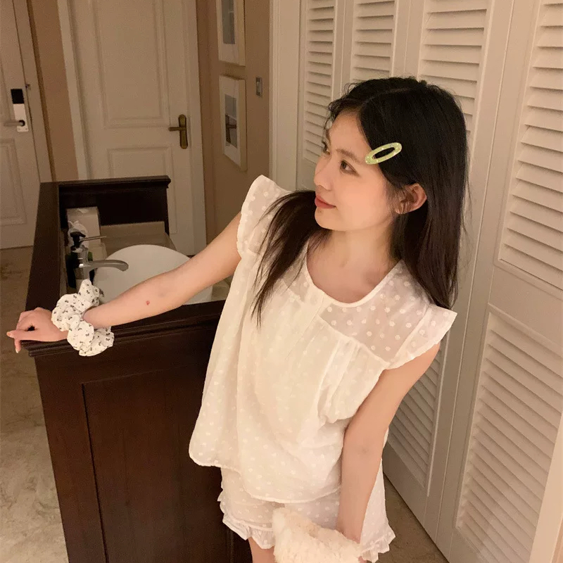 2026夏季韩系奶油清甜小白花可爱少女绣花短袖短裤家居服睡衣套装