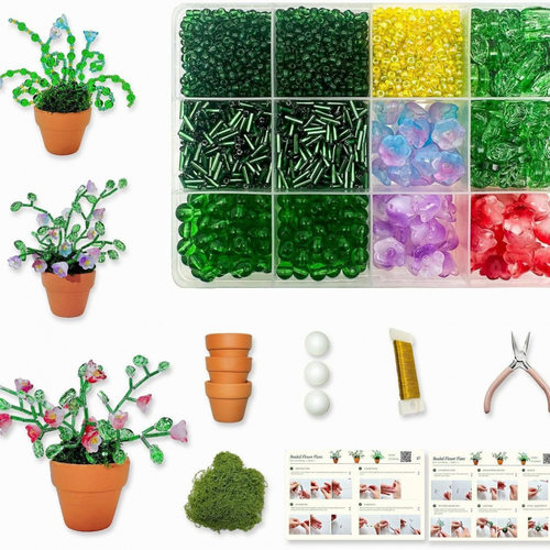 绿色玻璃珠植物套装串珠手工套装制作花叶植物串珠DIY桌面装饰珠