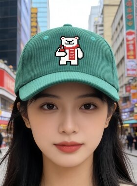2026新款孔雀绿多款花型刺绣灯芯绒棒球帽戴上巨显白休闲百搭帽子