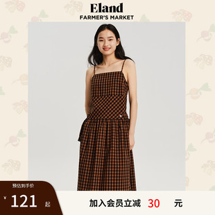 裙子夏季 Eland奥莱 衣恋连衣裙女可爱甜美格纹吊带过膝长款