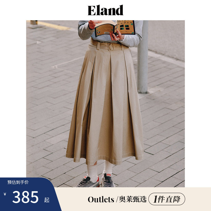 【Eland奥莱】衣恋基础A型荷叶边裙摆美拉德百褶长裙