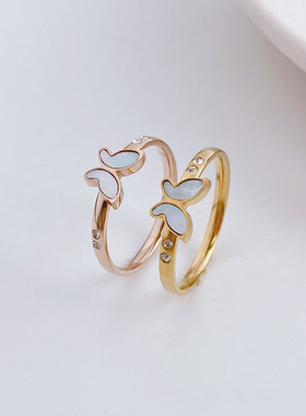 韩版简约钛钢白贝蝴蝶戒指不掉色小众闺蜜ins气质网红个性潮饰品