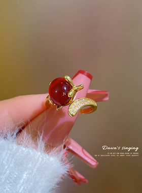 【真金】抖音直播款铜微镶锆石气质红狐狸戒指女可调节开口指环女