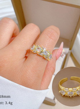 【真金】方块满锆婚戒戒指开口可调节款简约手饰日系指环情侣对戒