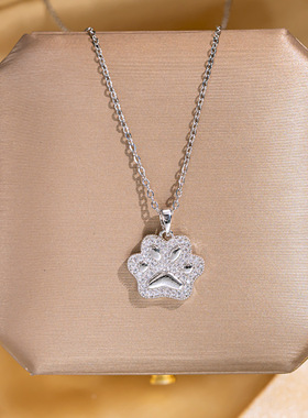 韩版银色简约猫爪吊坠钛钢项链女精致锆石满钻锁骨链小众配饰