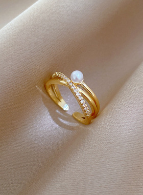 【真金】交叉珍珠满钻戒指开口可调节款简约手饰日系指环情侣对戒