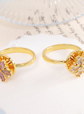 铜镀真金镶锆石开口可调节旋转戒指女气质个性花朵高级感配饰