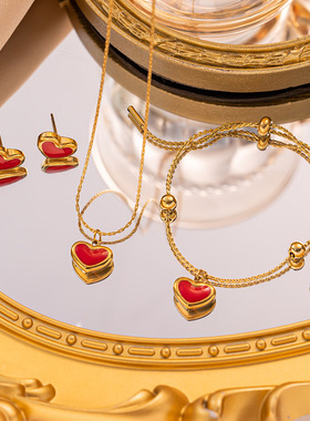 法式简约爱心吊坠钛钢项链高级感手链锁骨链轻奢小众气质时尚套装