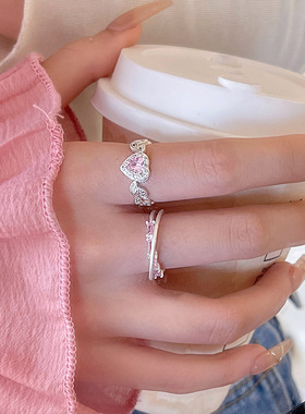 韩系爆款粉色爱心锆石戒指女开口可调节食指戒网红同款指环