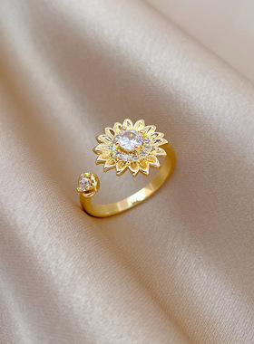 【真金】轻奢花朵满钻戒指开口可调节款简约手饰日系指环情侣对戒