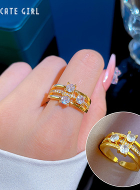 【真金】轻奢满钻三层戒指开口可调节款简约手饰日系指环情侣对戒