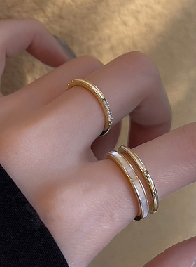 金色轻奢锆石微镶小众滴釉戒指女简约高级感素圈开口可调节食指戒