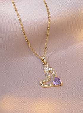 项链女 跨境网红甜心少女系列锆石小众时尚紫色爱心气质钛钢项链