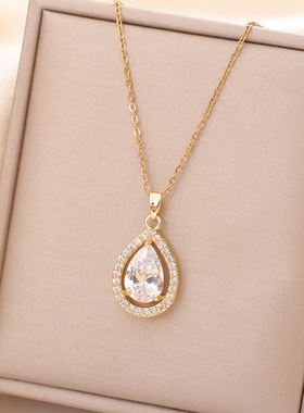 透明水滴锆石吊坠项链轻奢小众钛钢不掉色网红锁骨链女配饰品