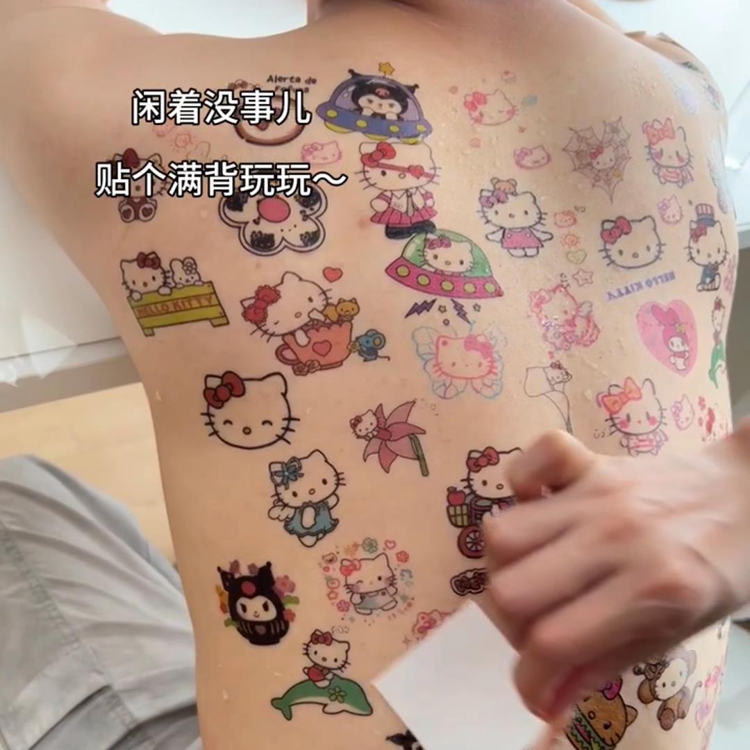 可爱蝴蝶结小猫纹身贴女男防水持久彩色凯蒂猫少女心学生纹身贴.