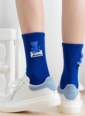 克莱因蓝色小熊网红款袜子女春夏外穿中筒袜绿个性长袜ins潮