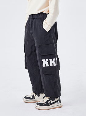 男童加绒工装裤一体绒2023年新款秋冬季黑色男孩儿童裤子童装帅气