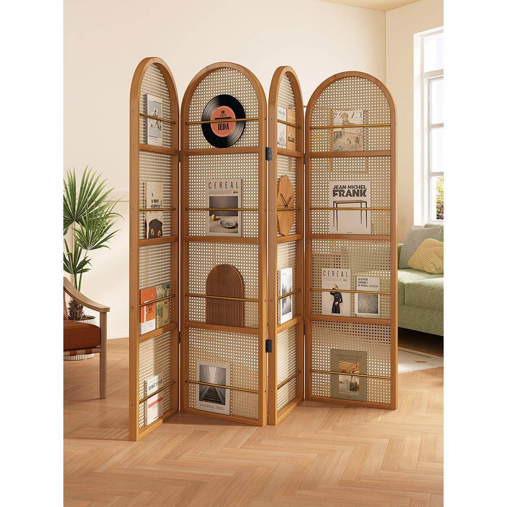 日式藤编屏风隔断客厅折叠可移动实木小户型遮挡入户简约杂志书架