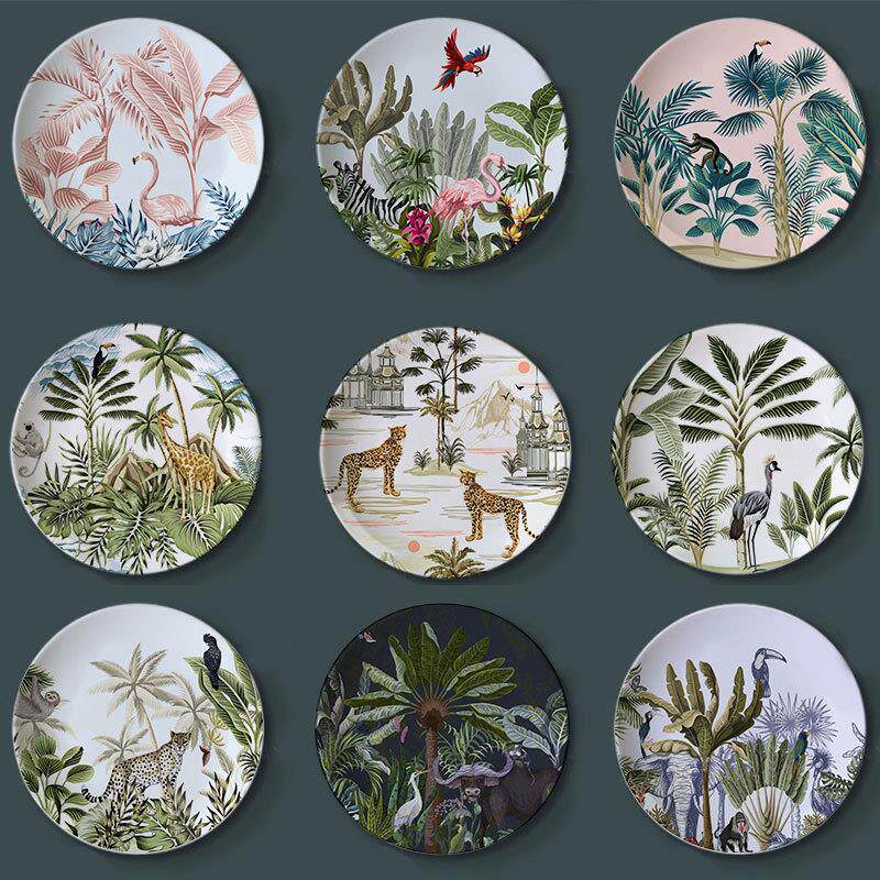 热带森林动物装饰盘 出口创意植物豹子家居陶瓷摆件 客厅装饰挂件