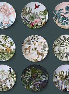 热带森林动物装饰盘 出口创意植物豹子家居陶瓷摆件 客厅装饰挂件