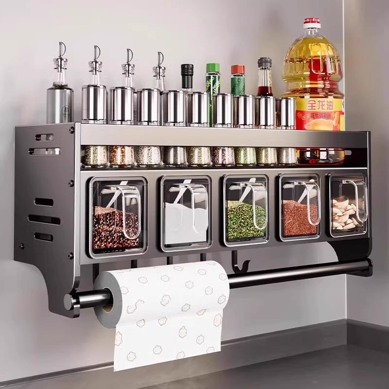 厨房置物架壁挂式调味品组合家用免打孔多功能调料罐盒墙上收纳架