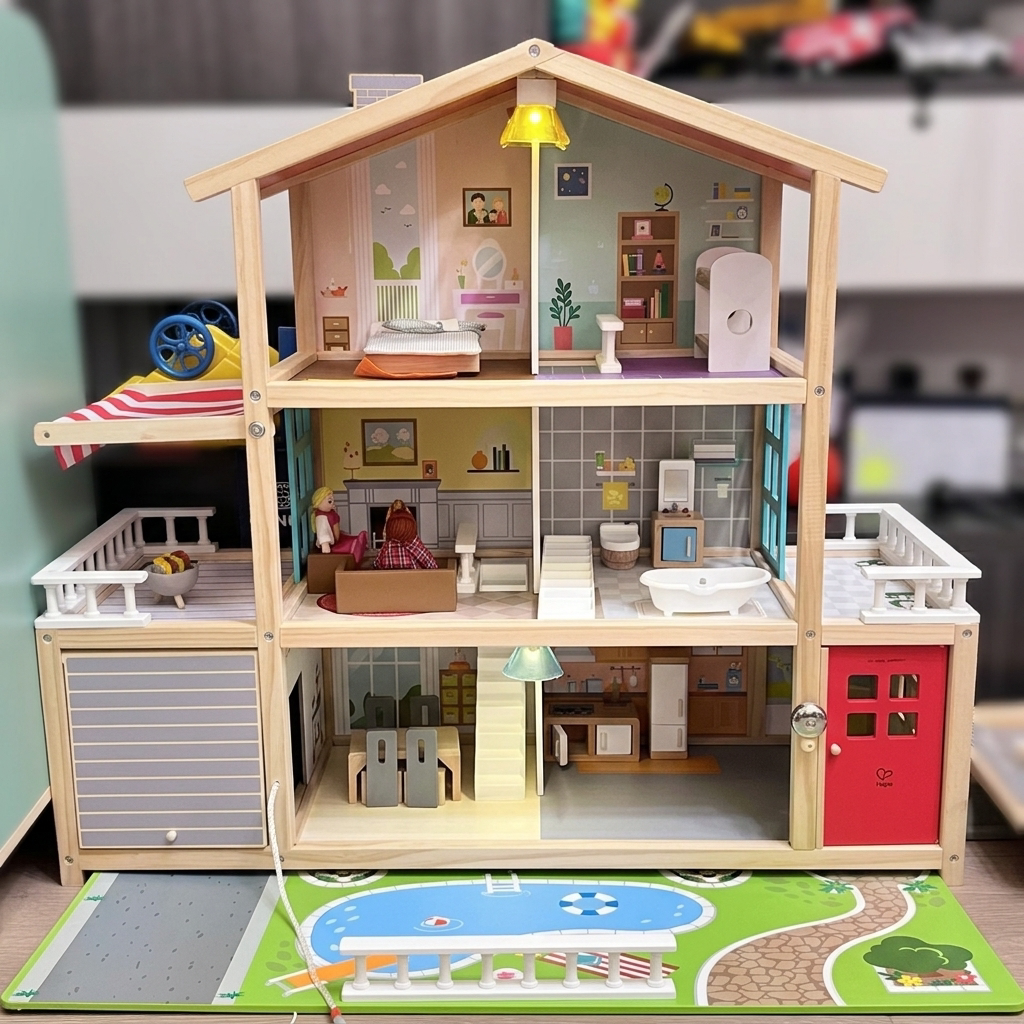 Hape熊猫之家豪华竹楼女孩过家家娃娃屋儿童益智diy小屋别墅玩具