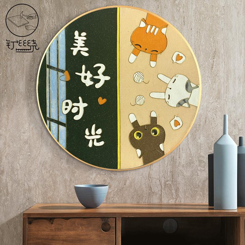 北欧餐厅圆形猫咪装饰画客厅背景墙玄关景泰蓝掐丝珐琅画diy手工图片