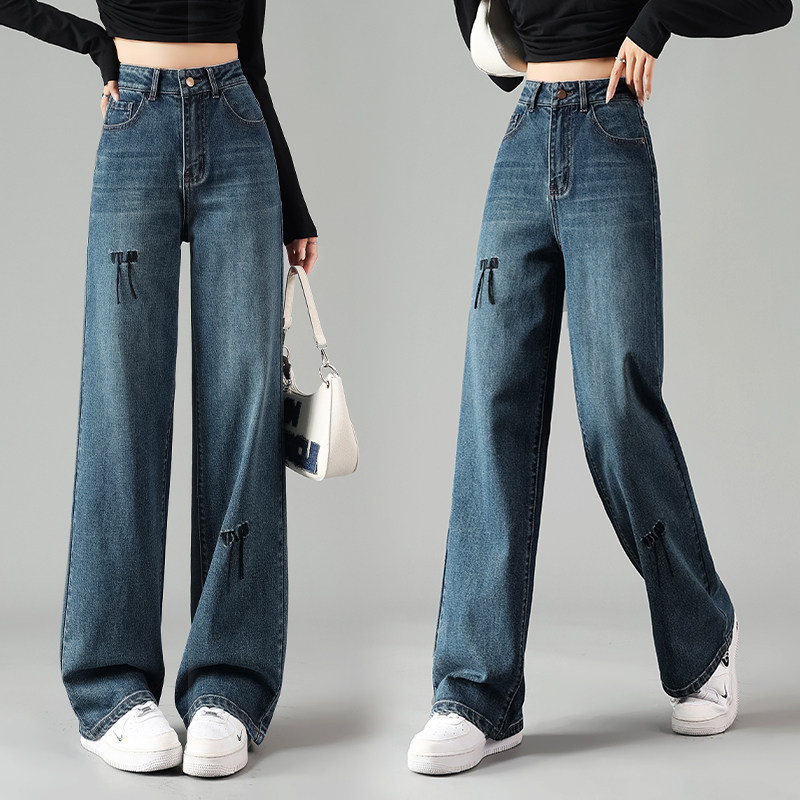 阔腿牛仔裤女2026年春季新款蝴蝶结复古蓝宽松显瘦窄版直筒裤长裤