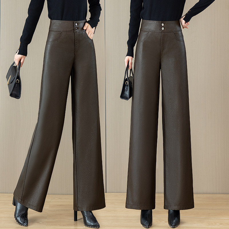时尚皮裤女2026春秋新款高腰直筒裤子垂感柔软双扣休闲PU皮阔腿裤,女装/女士精品,休闲裤,淘宝优惠券,粉丝福利购,淘宝优惠卷