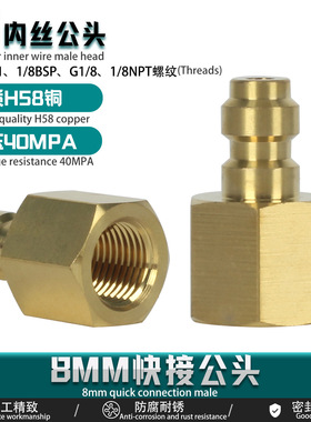 厂家直销H58铜8MM快接内丝公头30MPA高压气动接头配件连高压软管