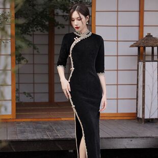 冬季复古优雅性感雪尼尔蕾丝花边旗袍柔软亲肤名媛风礼服走秀旗袍