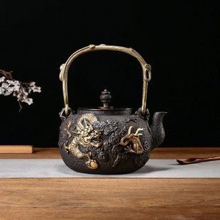 包邮 家用纯手工浮雕老铁壶南部铁壶烧水冲茶壶生铁壶鎏金铸龙纹