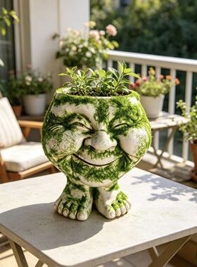 跨境创意苔藓笑脸人脸花盆带脚多肉绿植盆趣味家居桌面装饰种花器