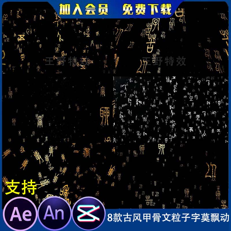 8款古风甲骨文粒子字莫飘动空间粒子文字元素透明底AE/AN特效素材