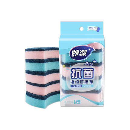 妙洁抗菌海绵百洁布S型百洁擦洗碗布5片装厨房抹布碗刷清洁去污