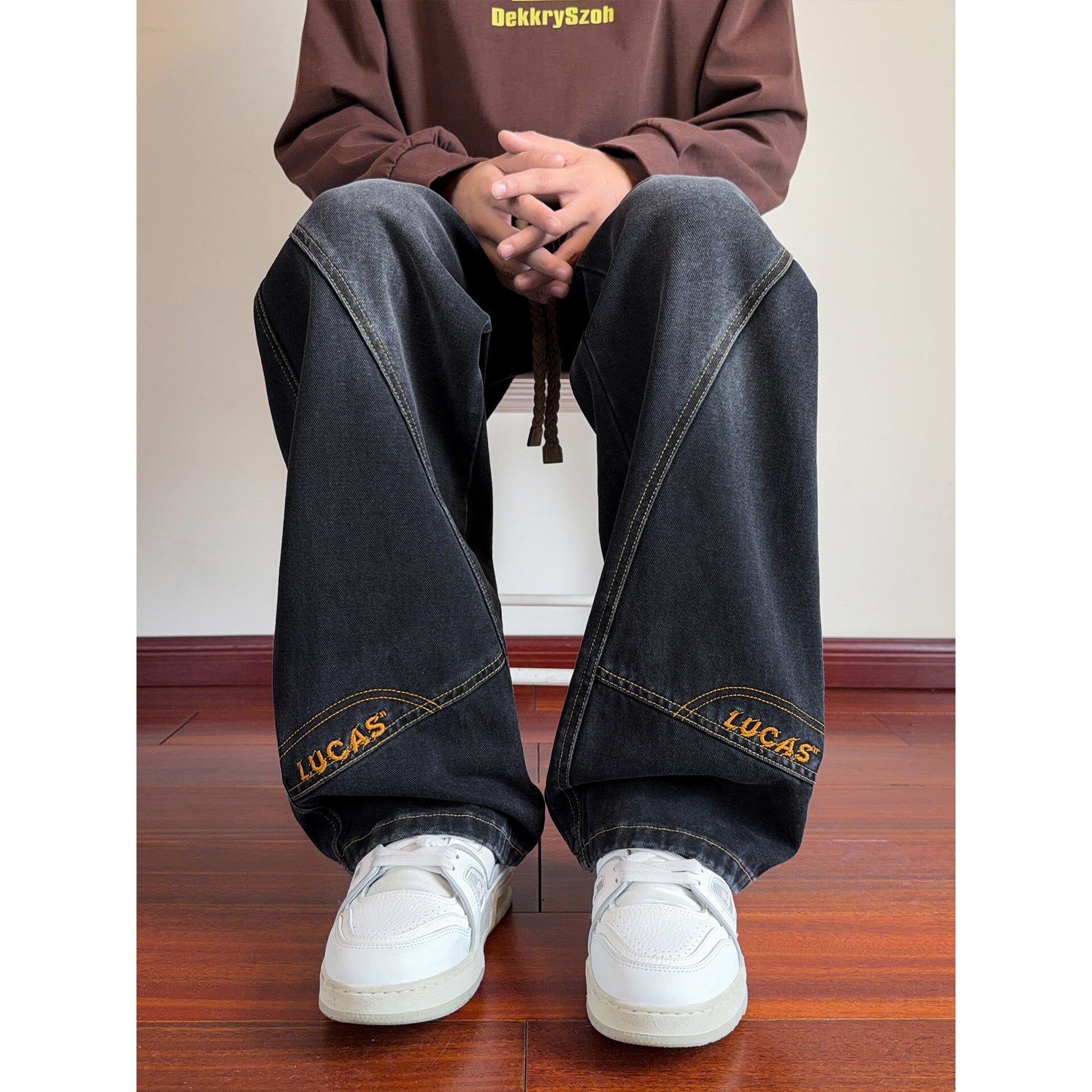 牛仔裤子男孩初中高中学生春秋季新款青少年大童阔腿直筒休闲长裤