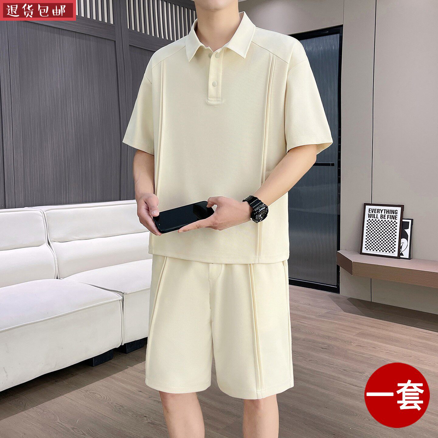 冰丝棉男士夏季套装2026新款潮流休闲翻领短袖POLO衫男款短裤一套