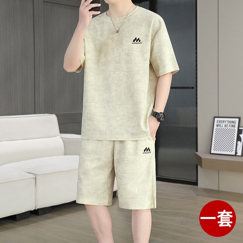 冰丝棉夏季套装男短袖t恤2026新款潮流休闲透气男装短裤搭配一套