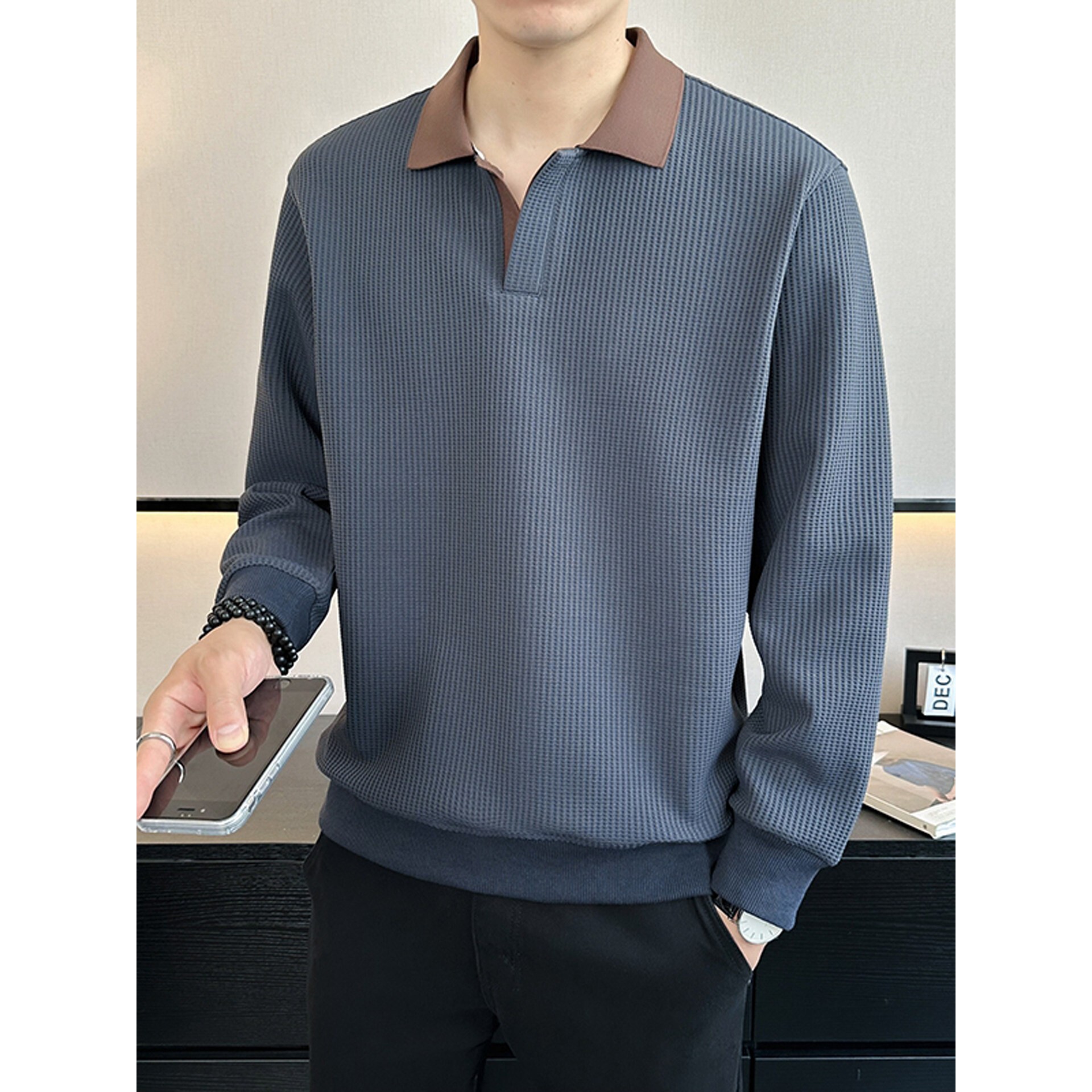 高端重磅卫衣男秋季2026新款潮流简约百搭长袖polo衫宽松翻领t恤