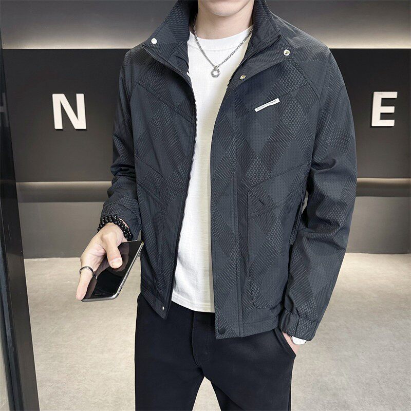 立领外套男士高端格子春装2026新款潮牌薄款工装夹克飞行员棒球服